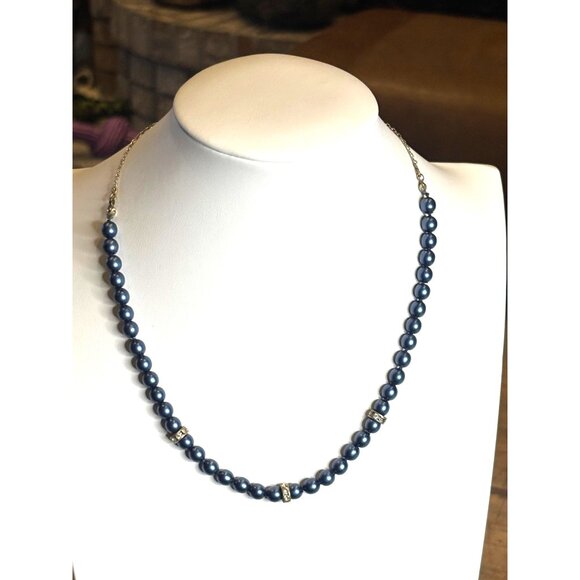 Vintage Blue Faux Pearl Necklace With Rhinestone Accents & Adjustable Hook Clasp - Picture 2 of 10
